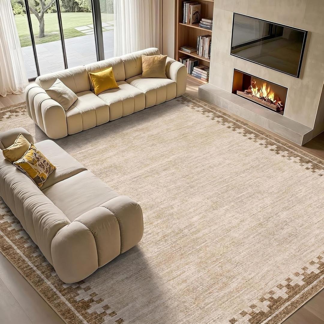 GarveeHome Cross Bordered Large Area Rug 9x12 Machine Washable Non Slip Low Pile Dining Room Carpet Geometric Stain Resistant Living Room Bedroom Home Office Rug, Beige