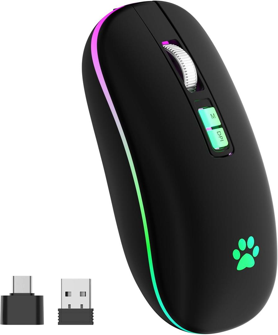 KARFUN Wireless Mouse, Backlit LED Portable Slim Computer Mouses for Laptop, PC, Computer, MacBook, iPad, Chromebook, Notebook, 2.4G Rechargeable Wireless Mouse (Black-Black Nose)