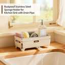 Sponge Holder for Kitchen Sink Rustproof Stainless Steel, 360 Rotating Drain Pipe, Large Counter Organizer with Drip Tray for Sponges, Brushes & Dish Cloths Off-white