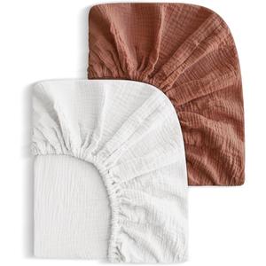 2 Pack Soft Muslin Baby Mini Crib Sheets, 100% Cotton Breathable Double Layer Fitted Sheets for Mini Crib and Pack N Play Mattresses 24x38 Inches, for Baby Girls and Boys (White & Brick)