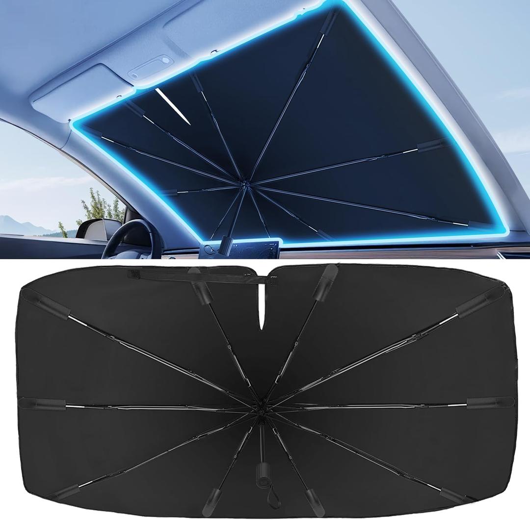 2025 Windshield Sun Shade Frame with Thickened Fast Cooling, Emergency Window Breaker, 99% UV Blocking Protects Car from Sun and Heat Damage, Adjustable Bendable Design for SUV/Sedan/(59" L x 34" W)