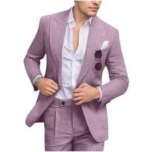 Fesenbo Men's Linen Suit Slim Fit 2 Piece Summer Beach Wedding Suits Peak Lapel Casual Blazer Pants Set for Prom Tuxedo S