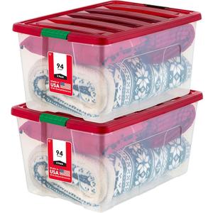 IRIS USA 94 Qt. Stackable Plastic Storage Bins with Lids, 2 Pack - BPA-Free, See-Through Organizing Solution, Latches, Durable Nestable Containers, Secure Pull Handle, Made in USA - Red