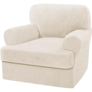 H.VERSAILTEX Sofa Cover 2 Piece T Cushion Armchair Slipcovers Thick Velvet Couch Cover Furniture Protector Stretch T Cushion Sofa Covers for 1 Cushion Couch with 1 Individual T Cushion Covers, Ivory