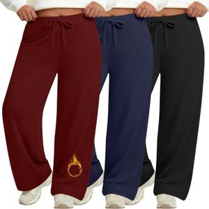 3 Pack Women's Plus Size Lounge Pants Fleece Lined Wide Leg Sweatpants Drawstring Yoga Winter Clothes with Pockets (Black, Wine Red, Navy Blue, 3X-Large)