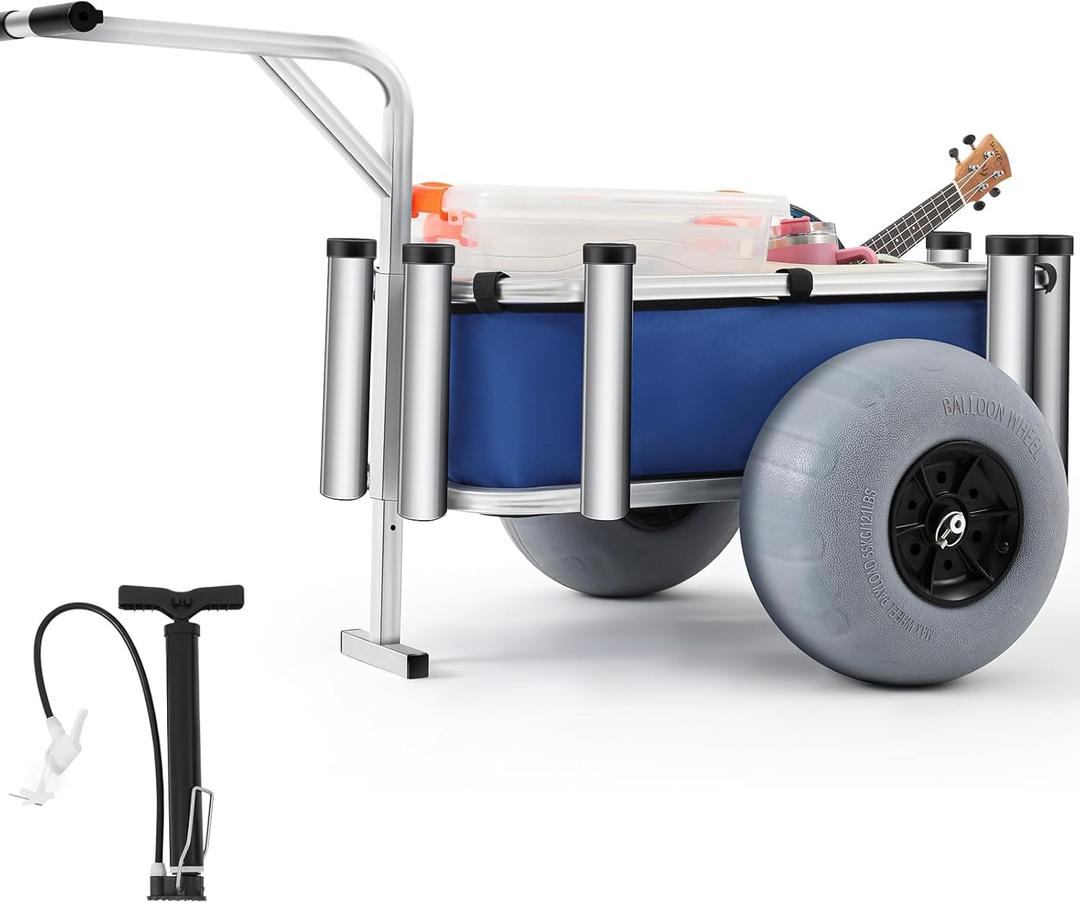 Beach Cart with Big Balloon Wheels for Sand Fishing Cart Tire Surf Outdoor Fishing Rolling Wheel Wagon, Heavy Duty Aluminum Beach Buggy for Camping Anti Corrosion, 125 lbs Load Capacity
