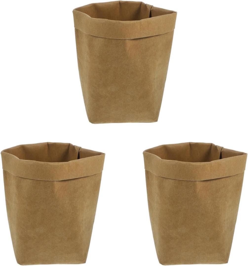 BESTOYARD 3pcs Washable Kraft Paper Bag Organizer, Light Brown Home Office Storage Basket for Plants, Toys, Clothes, Food, and Household Items, Reusable Flowerpot Cover