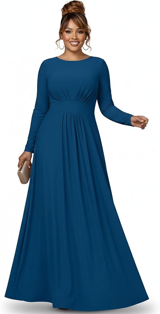 KOH KOH Womens 2026 Long Sleeve Soft Flowy Empire Waist Fall Winter Party Gown (X-Small, Capri Blue)