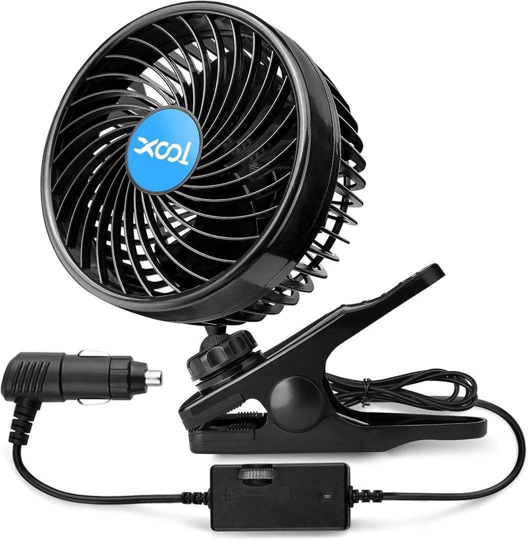 XOOL 12V 6'' Car Fan, Clip Fan 360 Degree Rotatable Car Fan Cooling Air Fan with Stepless Speed Regulation & Cigarette Lighter Plug for SUV, RV, Vehicles