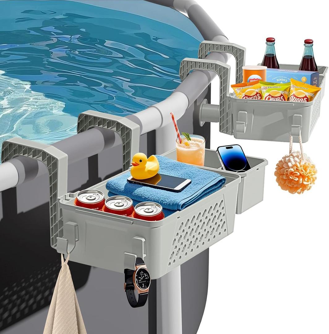 Poolside Storage Basket 2 Pack - Above Ground Pool Accessories, Swimming Pool Storage Baskets with Cup Holders,Fits 3 or Smaller Top Rails,Versatile Organizer for Pool Toys,Towels,Beverages (Grey) (Gray)