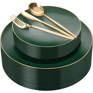 I00000 150Pcs Green Plastic Plates with Gold Rim,Green Disposable Plates Set include 30 Dinner Plate,30 Dessert Plate, 90 Gold Plastic Silverware Set for Party & Wedding