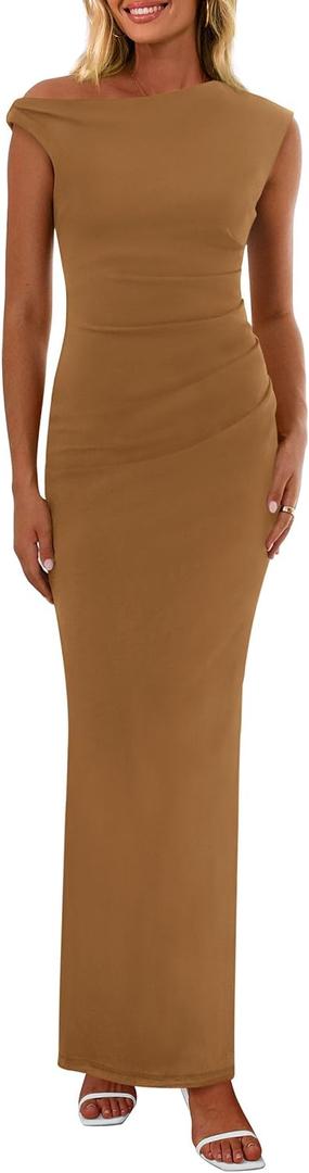 PRETTYGARDEN Women's 2026 Summer Formal Maxi Dresses Sleeveless One Shoulder Bodycon Ruched Mesh Wedding Guest Cocktail Dress (Brown, L)