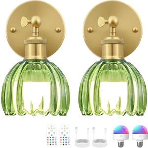 Vintage Battery Operated Wall Sconce, Green Tulip Glass Lampshade Wireless Rechargeable Battery Powered LED Wall Light with Remote Dimmable for Bedside Bedroom Doorway Living Room, Set of 2