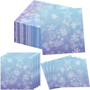 100 Pcs Bulk Snowflake Paper Napkins Gradient Blue and Purple 3 Ply Disposable Party Napkins for Guest Wonderland Party Hand Towel for Winter Birthday Supplies (9.84 x 9.84 Inches)