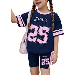 Girls 2 Piece Summer Outfits Graphic Letter Print Jersey Shirt and Biker Shorts Set Navy Blue Pink 11-12 Years (Blue)