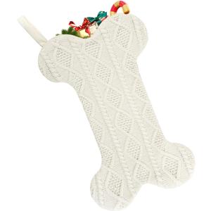 Christmas Stocking, Large Dog Bone Shape, Super Soft Cable Knit Pattern, 18", Fireplace Hanging Holiday Decoration, Knitted Xmas Stockings for Pets, Family Party Dcor, White