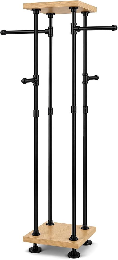 Novabright 71" Industrial Pipe Clothing Rack 4-Way Garment Rack with 2-Tier Solid Wood Shelves Heavy Duty Retail Display Stand for Boutiques Home Entryway Clothes Storage for Dresses Coats Shoes