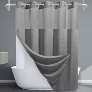 Long No Hook Shower Curtain with Snap in Liner,230GSM Waffle Weave Shower Curtains for Bathroom,71W x 80H(78"),Grey