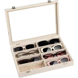 Frebeauty Sunglass Organizer,Velvet Glasses Organizer,8-Slot Sunglasses Tray with Clear Lid,Men's/Women's Sunglasses Box,Sunglass Case,13.3 x 9.6 x 2.2 Inches,Eyeglass/Eyewear Display Tray(Beige)