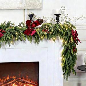 6ft Christmas Garland with Lights, Lighted Cedar Garland for Mantle, Prelit Real Touch Artificial Green Christmas Winter Garland with Large Burgundy Velvet Bow for Indoor Outdoor Decor