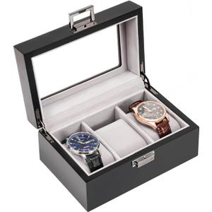 Wooden Watch Box for Men, 3 Slot Watch Display Case Mens Watch Box Organizer, Wood Watch Case for Men Watch Storage, Watch Holder Organizer with Glass Lid -3 Slot, MatteBlack
