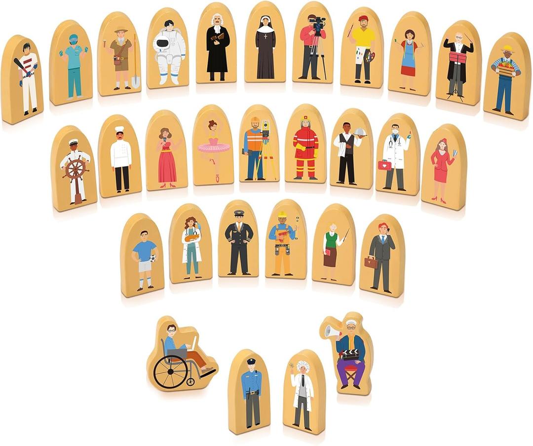 Qunclay Set of 30 Wooden Community Helper Figures Multicultural Career Blocks for Display and Decoration