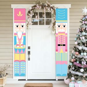Gilprop 2 Pcs Nutcracker Christmas Porch Banner Decorations Pink Nutcracker Sign, Pastel Christmas Welcome Sign for Front Door 12" x 71" Candyland Xmas Door Hanging Banner Soldier Model Decor for Xmas