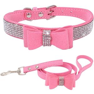 Puppy Collar and Leash, Bow tie Bling Rhinestone Crystal Diamond Cat Collars for XXS Xs Small Medium Large Pet Female Dogs Girls Kitten, Pink XXSmall