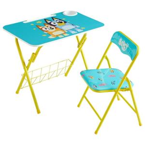 Bluey 2 Piece Table and Chair Set, Folding Kids Desk with Storage Basket, Childrens Activity Table for Drawing, Learning, Crafts, Playroom Furniture, Ages 3+