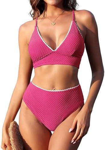 ZAFUL Swim Suits for Women 2025 V Neck Bikini Set High Waisted Swimsuits Tummy Control Two Piece Bikini Set, S, Pink