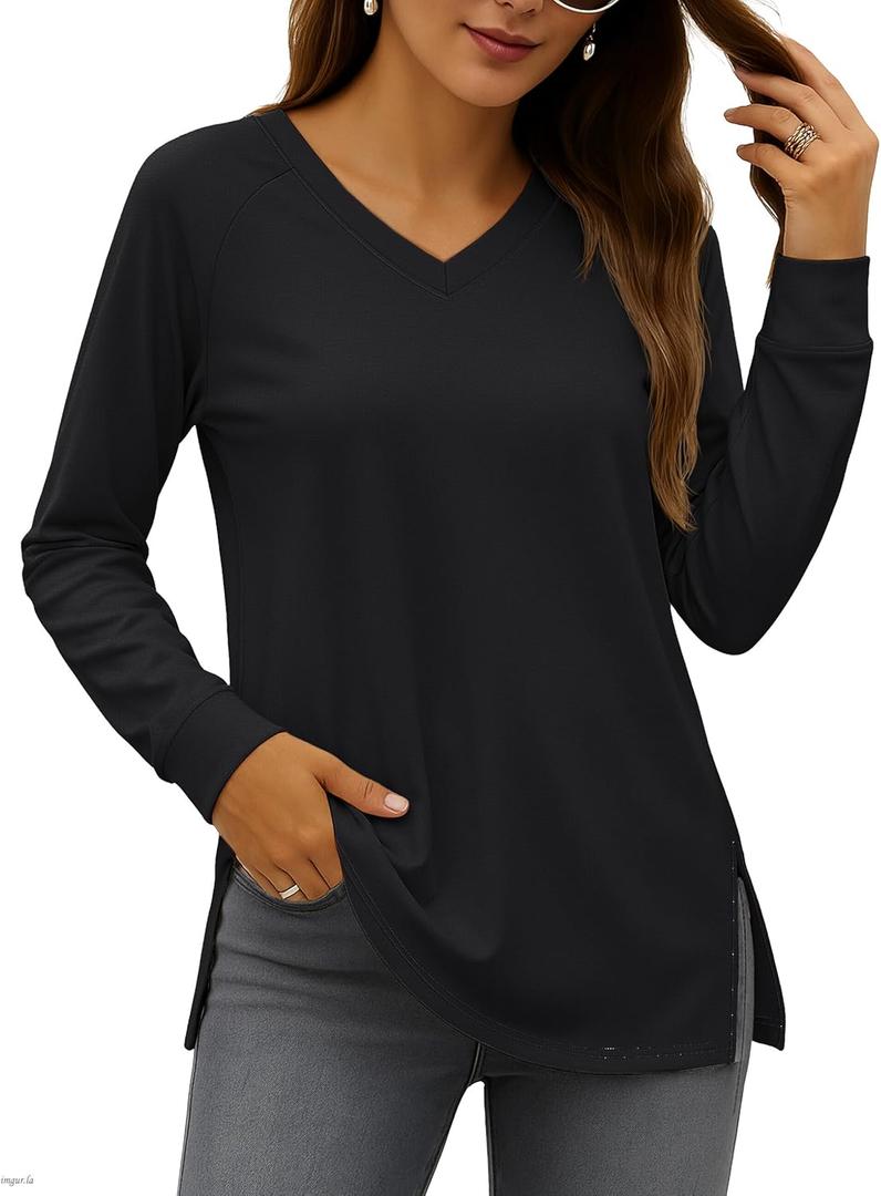 YUCOLEN Long Sleeve Shirts for Women Loose Fit V Neck Side Split Basic Casual Blouses Tunic Top to Wear with Legging (Large, Black)