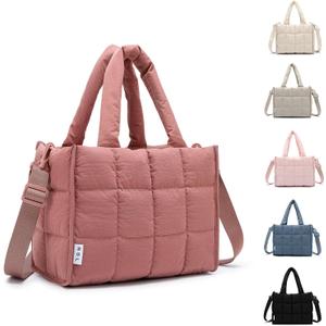 NOL Natural Organic Lifestyle Women's Nylon Lunch Cooler Quilted Tote Bag Puffy Insulated Lunch Bag for Women, Lightweight Waterproof Lunch Box for Work, Picnic, Outdoors,Dark pink