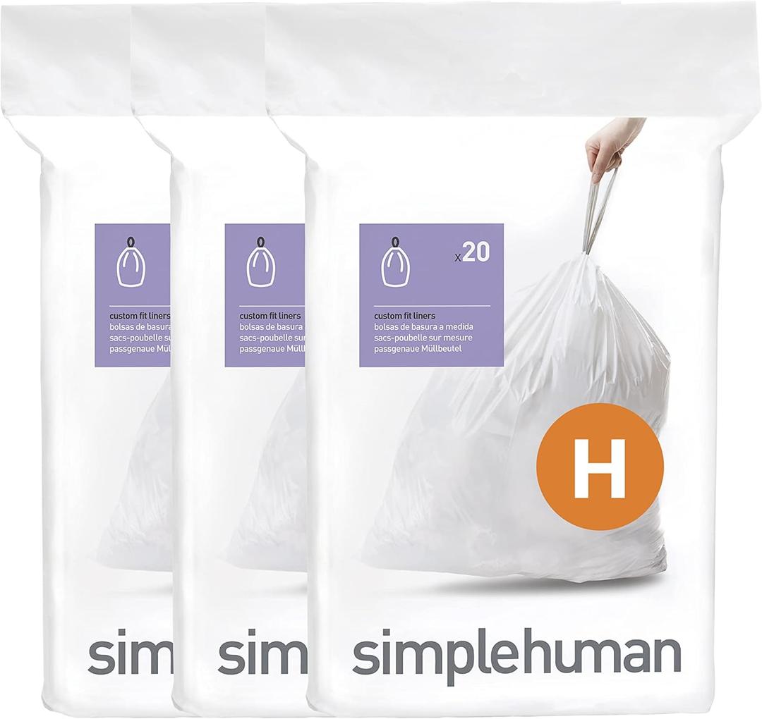 simplehuman Code H 60 Count, Dispenser Pack Custom Fit Liners, Drawstring Trash Bags, 30-35 Liter / 8-9.2 Gallon, White, Pack of 3