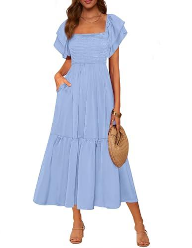 MASCOMODA Womens Summer Casual Midi Dress Square Neck Ruffle Short Sleeve Smocked High Waist A Line Wedding Guest Dresses(Light Blue,Small)