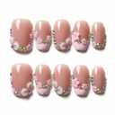 Handmade Short Square Press on Nails, Pink French Tips with Luxury Rhinestones & 3D Flowers, Reusable Nail Kit for Women, M Size 10 Pcs