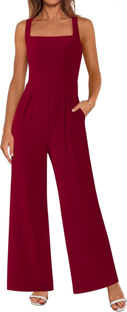 PRETTYGARDEN Summer Sleeveless Jumpsuits for Women Dressy Square Neck Wide Leg Pants Knit One Piece Rompers Fashion Clothing (L)