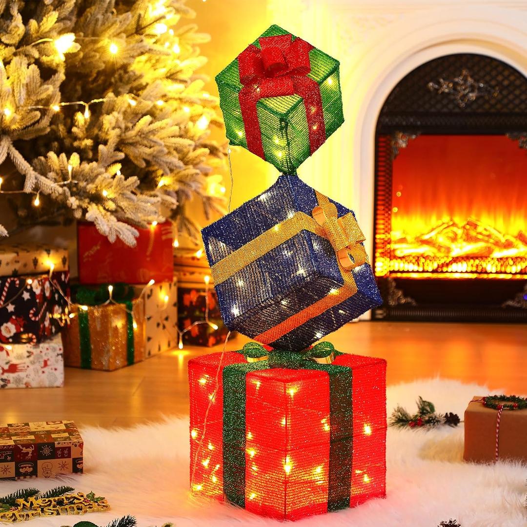 Pinkunn 3D 2.8 ft Lighted Gift Boxes Outdoor Decorations Set of 3, 50 LED Stackable Nesting Gift Boxes Battery Operated for Winter Outdoor Decoration(Green, Blue, Red,Classic Box Style)