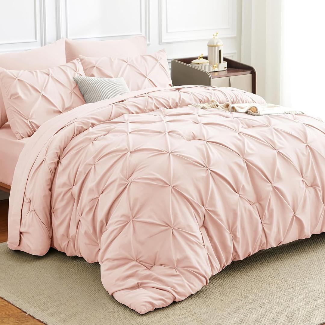 HIMEET Pintuck Bed in a Bag, 7 Pieces Queen Size Comforter Set Blush Pink, Pinch Pleat Bed in a Bag, Soft All Season Bedding Sets with Comforter, Flat Sheet, Fitted Sheet and Pillowcases & Shams