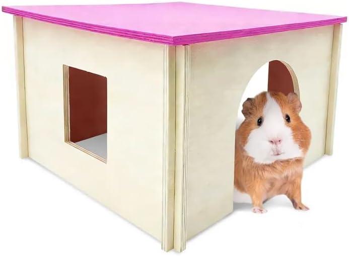 Fhiny Guinea Pig Wood House with Windows and Roof, Detachable Chinchilla Hut Hideout Hideaway Natural Hamster Habitat Decor for Hamsters Hedgehogs Squirrels or Other Small Animals 
