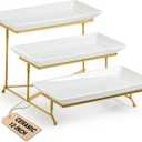 LAUCHUH 3 Tier Serving Tray, Porcelain Serving Platter Tier Serving Stand with Collapsible Sturdier Rack, Serving Trays and Platters Dessert Party Display Set for Father's Day, Gold, 12 Inch