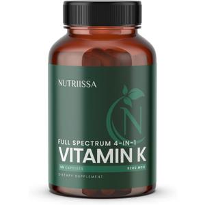 5 x Nutriissa Full-Spectrum Vitamin K 6200 mcg K1, K2 (MK-4, MK-7, MK-9) with Vitamin D3 Bone & Heart Health EPEB Certified for Purity & Potency 60 Capsules, EXP: 13/01/2028