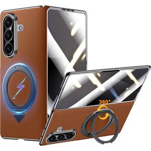 [One-Piece 3-in-1 Case for Samsung Galaxy Z Fold 7: Compatible with MagSafe, Built-in Hinge & Screen Protector, 360 Magnetic Ring Stand, Full-Body Protection Genuine Leather Cover, Brown