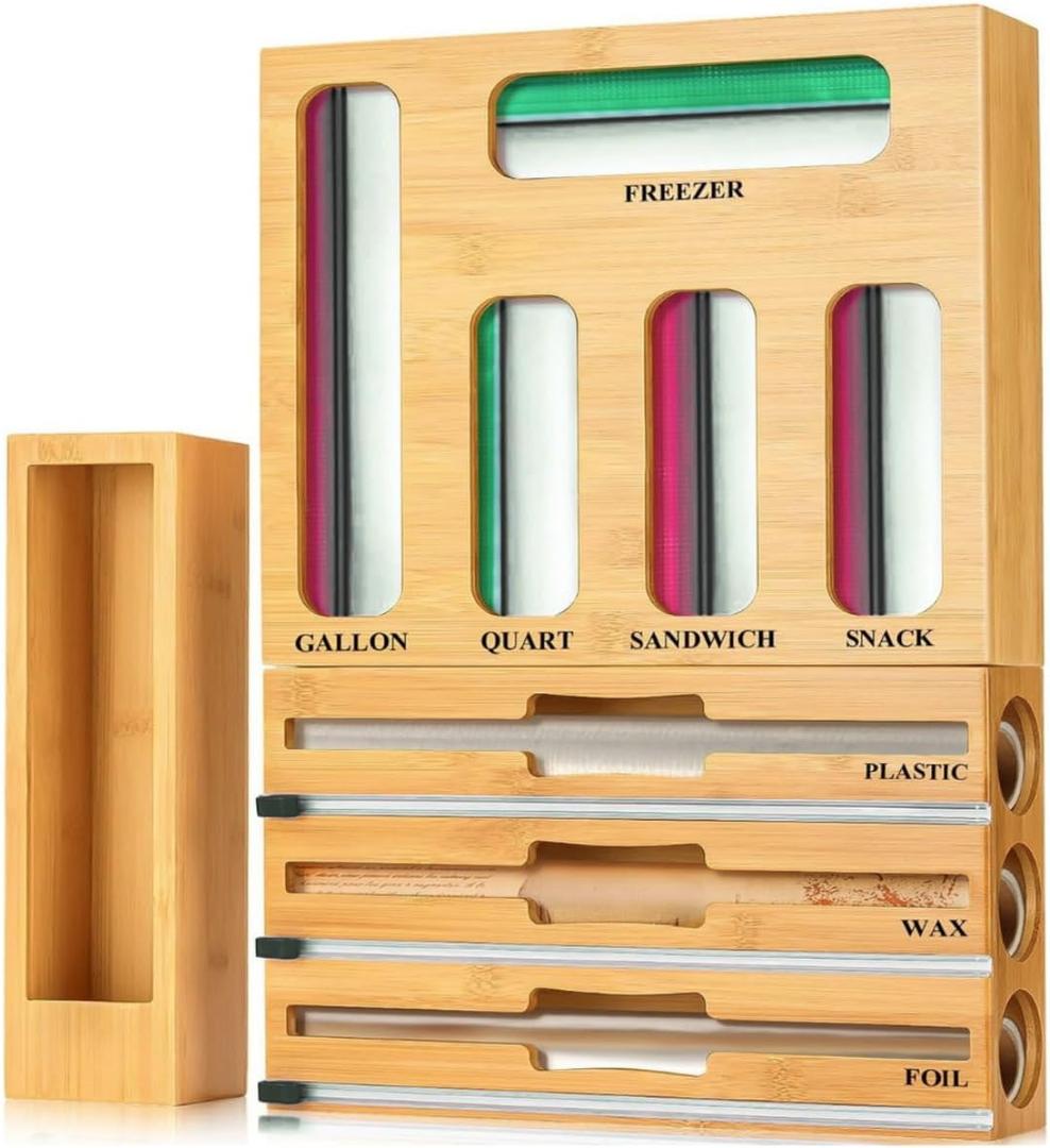 Ziplock Bag Organizer Bamboo Set with Aluminum Foil Organizer, All in One Baggie Organizer for Drawer, Zip Lock Bag Organizer for Kitchen Storage and Countertop Wrap Rolls