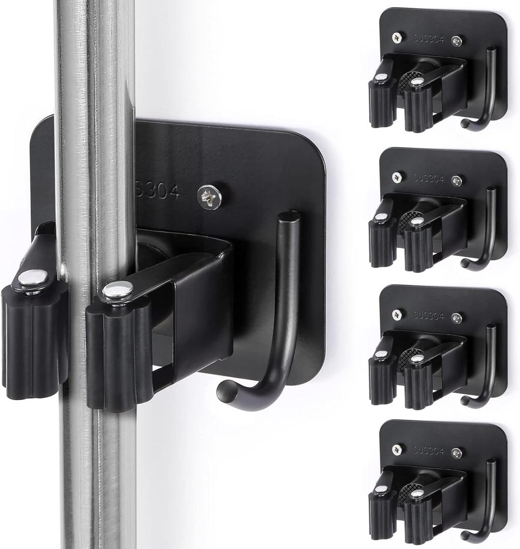 Stainless Steel Broom Holder, Heavy Duty, Rust Resistant, 4 Gripper Positions with 4 Hooks, Black