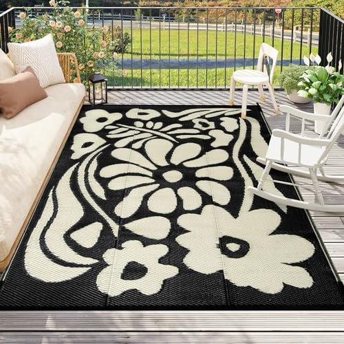 Wonnitar 6x9 Outdoor Rug, Waterproof Plastic Straw RV Outdoor Rugs, Reversible Large Portable RV Camping Rugs, Outsided Abstract Flower Patios Area Rug for Deck Backyard Balcony (Black & White, 6'x9')