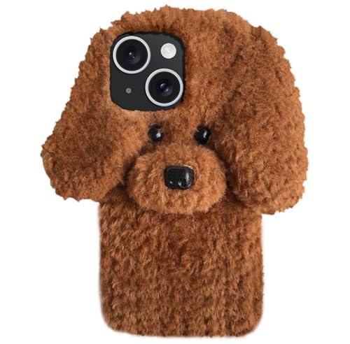 UnnFiko Winter Soft Warm Plush Case Compatible with iPhone 14 Plus, Cute Cat Fuzzy Animal Fluffy Fur Handmade Case Covers for Girls Women (Teddy Brown, iPhone 14 Plus)