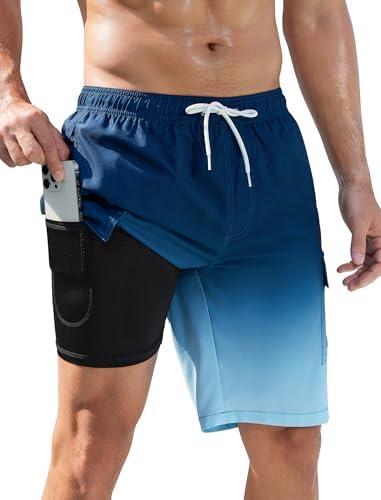 SILKWORLD Men's Swim Trunks with Compression Liner Quick Dry Bathing Suits 9 Inch Swimming Shorts with Cargo Pockets XL