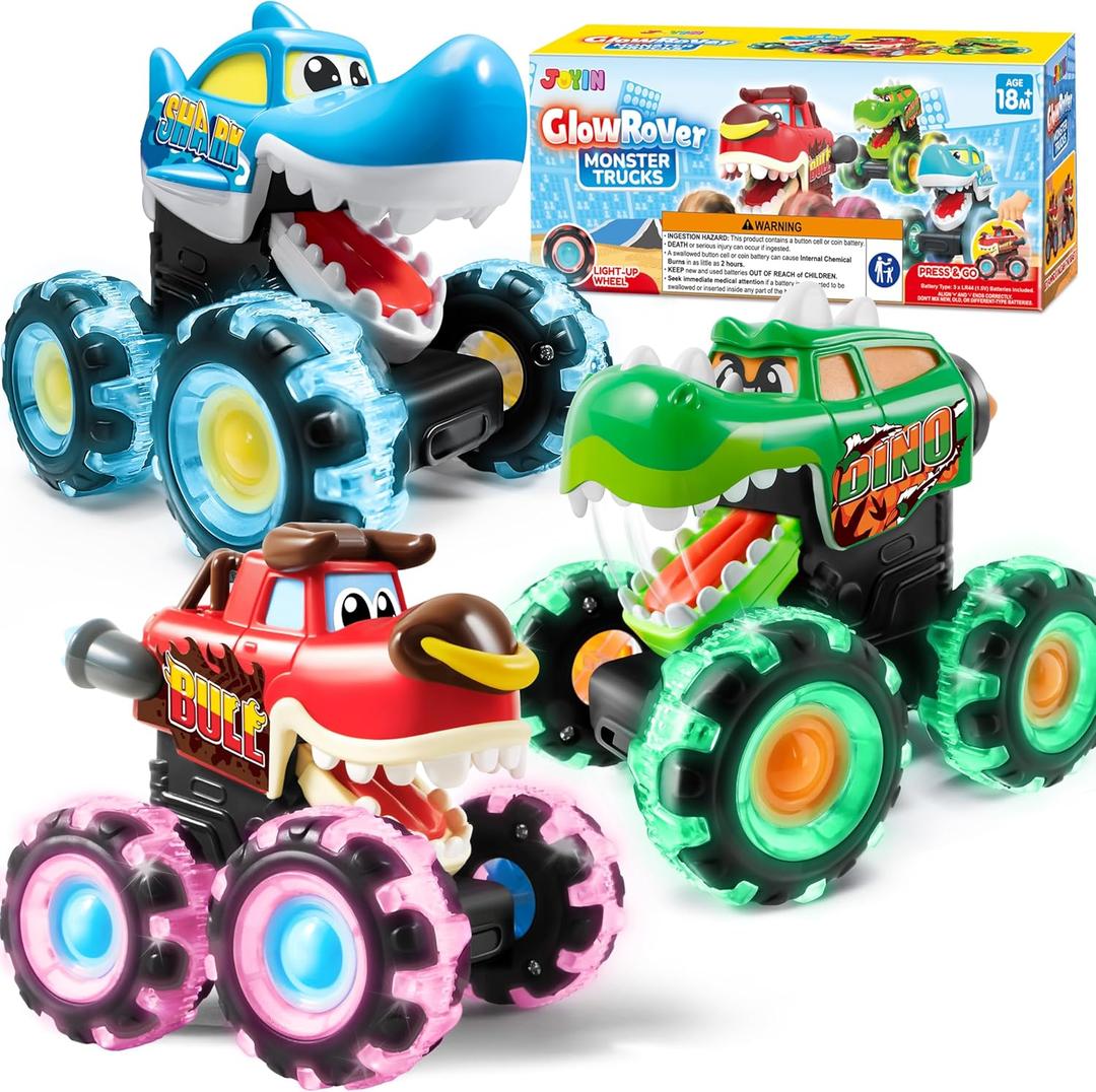 JOYIN 3 Pack Monster Truck Toy - Motion Activated Light Up Cars for Toddlers - Monster Glow Rover LED Wheels - Baby Boy Toys - Press and Go Dinosaur Trucks for Kids Valentines Day Boy Birthday Gifts