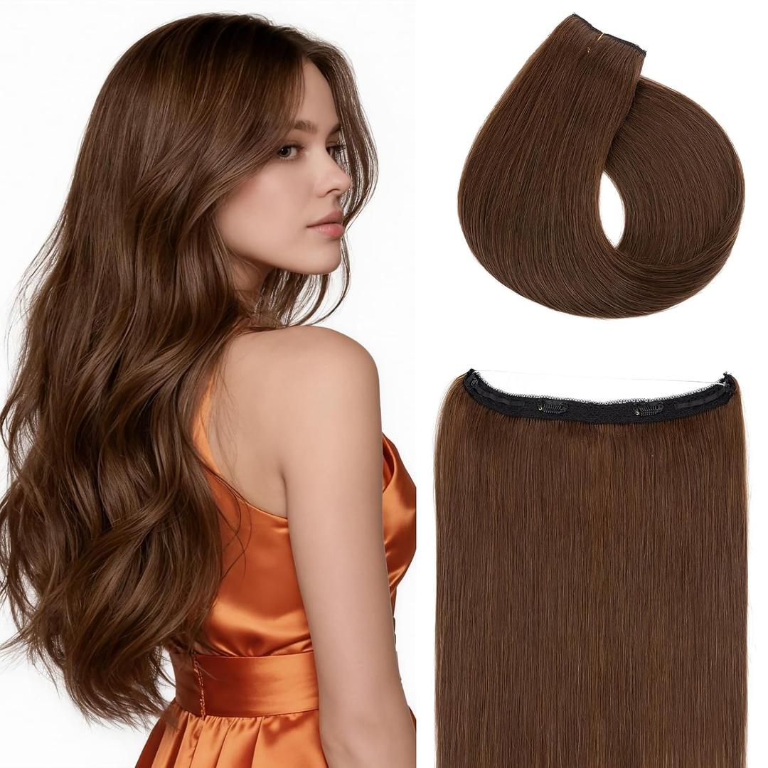 Rich Choices Halo Hair Extensions Real Human Hair Remy Hairs Halo Extension for Women Invisible Wire One Piece Clip in Hairpiece 16 Inch Straight-#4R Medium Brown