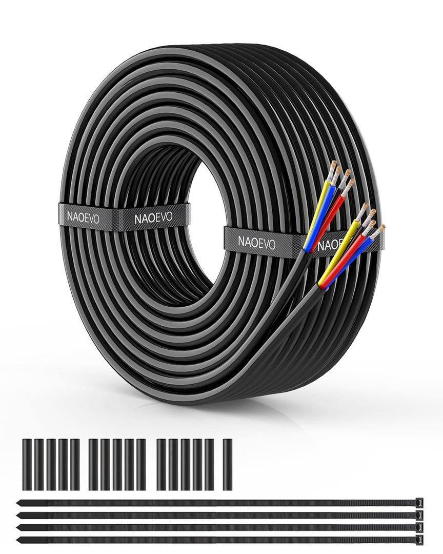 NAOEVO 18 Gauge Wire 4 Conductor Wire, 18 AWG 4 Core Stranded PVC Cable, Tinned Copper/Low Voltage 12V/Flexible Extension Cord for Automotive Trailer Wiring, Lamp Cord, Marine, RGB Cable (30FT)
